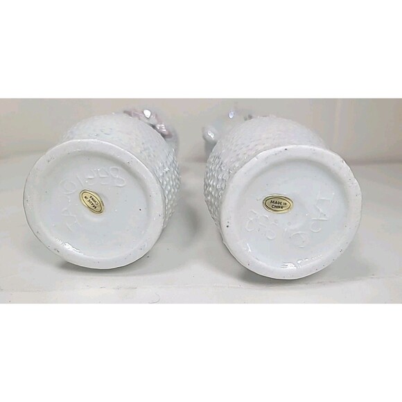 Vintage Set Of 2 Opalescent Porcelain White Lusterware Vase 8" Tall 3D Flowers - Picture 8 of 9